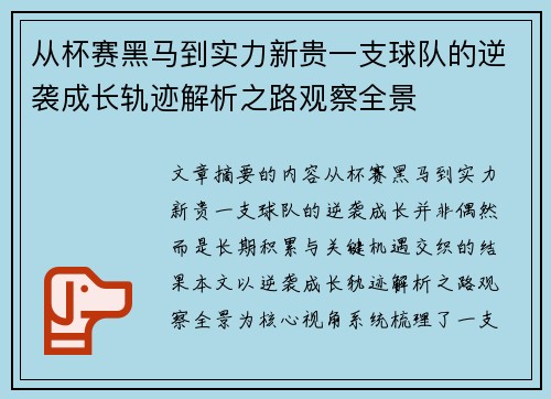 从杯赛黑马到实力新贵一支球队的逆袭成长轨迹解析之路观察全景
